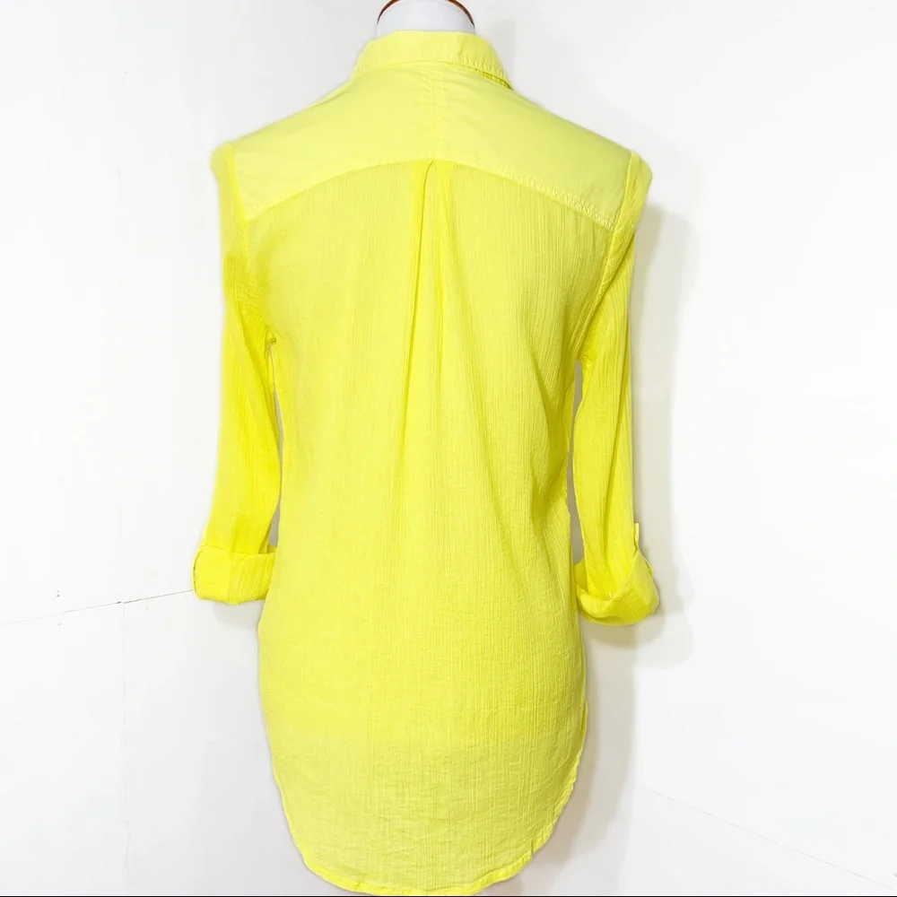 SOLD-Anthropologie Crinkle Roll Sleeve Bright Yellow Buttondown Top - Picture 3 of 9